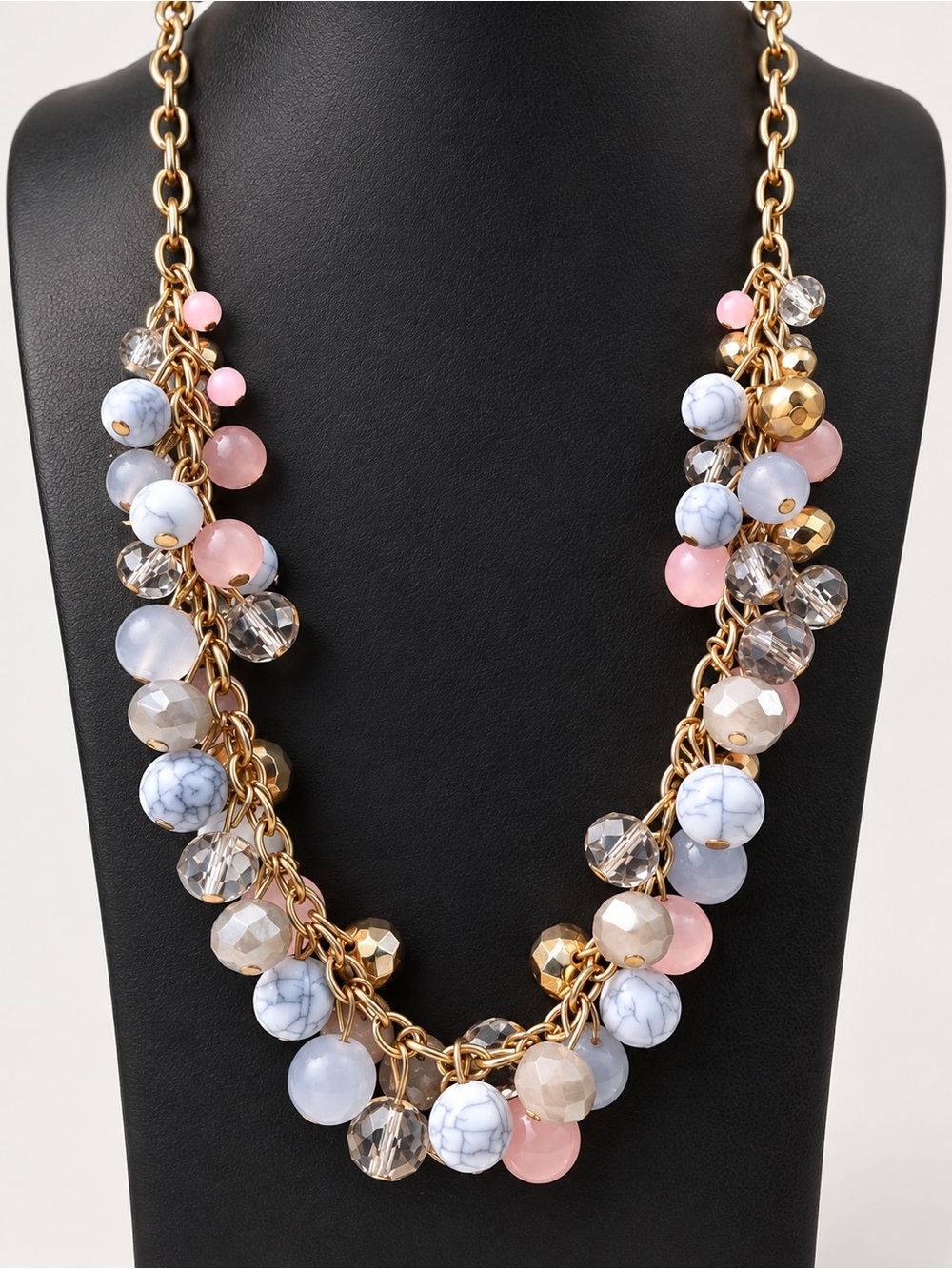 CHICO’S Long Aqua Blue Faceted Beaded Station Gold Tone Chain Statement Necklace